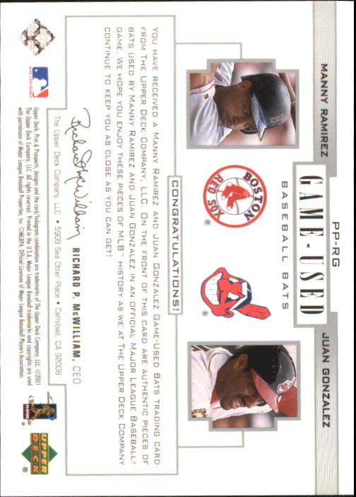 2001 Upper Deck Pros and Prospects Game-Used Dual Bat #PPRG Manny Ramirez Sox/Juan Gonzalez back image