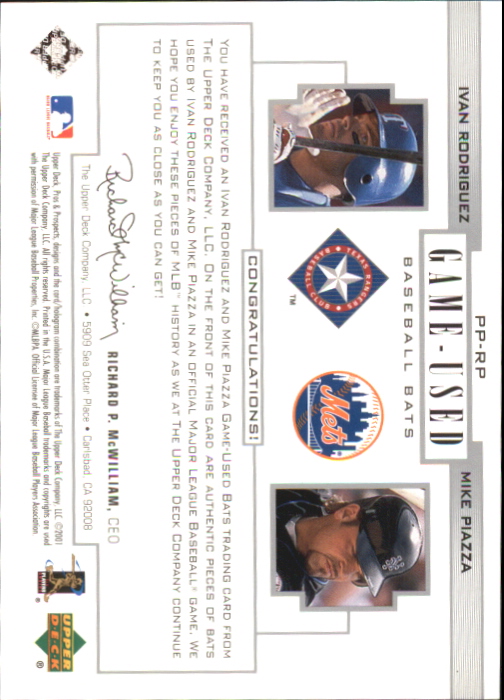 2001 Upper Deck Pros and Prospects Game-Used Dual Bat #PPRP Ivan Rodriguez/Mike Piazza back image