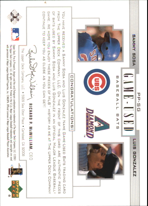2001 Upper Deck Pros and Prospects Game-Used Dual Bat #PPSG Sammy Sosa/Luis Gonzalez back image