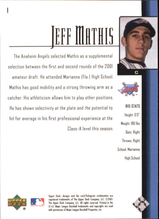 2001 Upper Deck Prospect Premieres #1 Jeff Mathis XRC back image