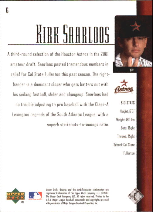 2001 Upper Deck Prospect Premieres #6 Kirk Saarloos XRC back image
