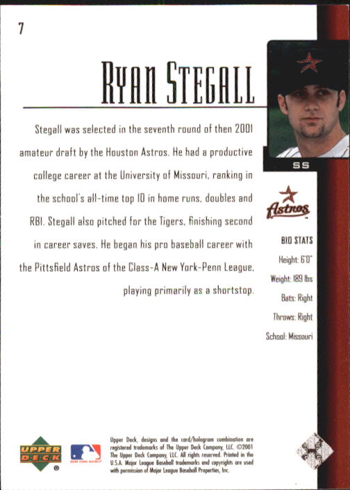 2001 Upper Deck Prospect Premieres #7 Ryan Stegall XRC back image