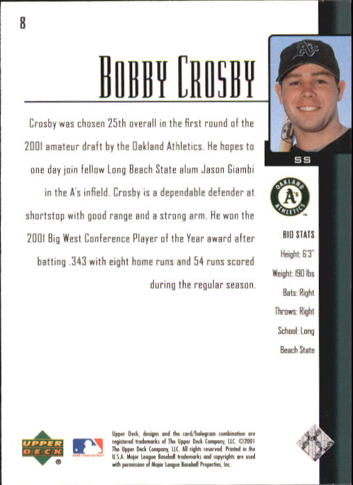 2001 Upper Deck Prospect Premieres #8 Bobby Crosby XRC back image