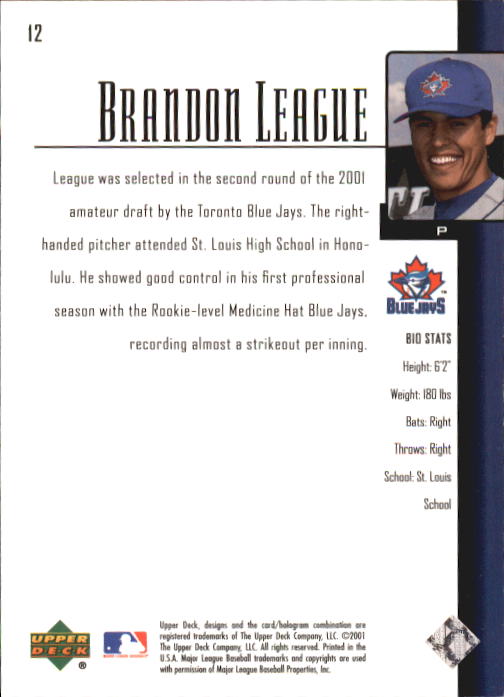 2001 Upper Deck Prospect Premieres #12 Brandon League XRC back image
