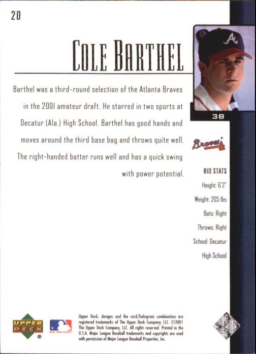 2001 Upper Deck Prospect Premieres #20 Cole Barthel XRC back image