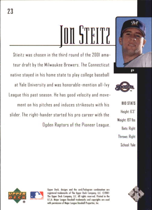 2001 Upper Deck Prospect Premieres #23 Jon Steitz XRC back image