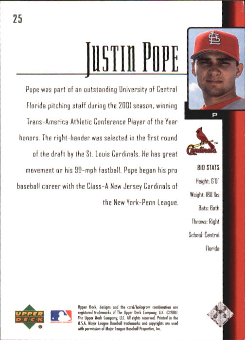 2001 Upper Deck Prospect Premieres #25 Justin Pope XRC back image