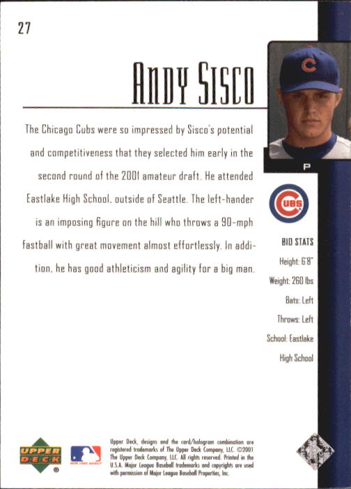 2001 Upper Deck Prospect Premieres #27 Andy Sisco XRC back image