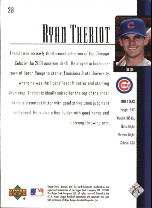 2001 Upper Deck Prospect Premieres #28 Ryan Theriot XRC back image