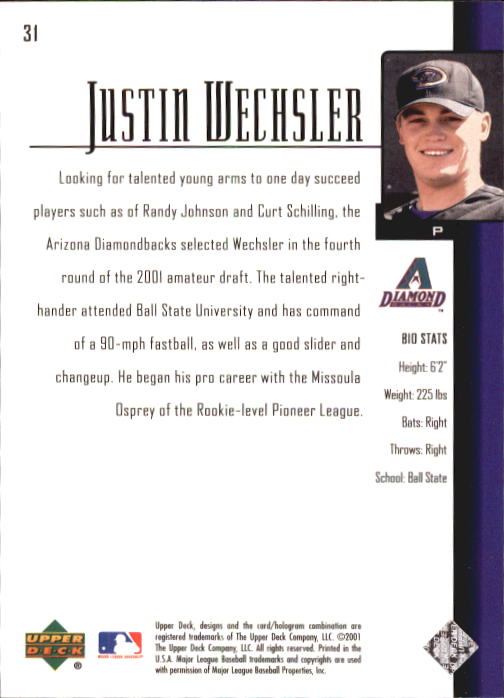 2001 Upper Deck Prospect Premieres #31 Justin Wechsler XRC back image