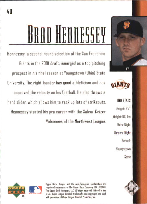 2001 Upper Deck Prospect Premieres #40 Brad Hennessey XRC back image