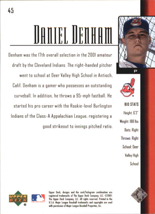 2001 Upper Deck Prospect Premieres #45 Dan Denham XRC back image