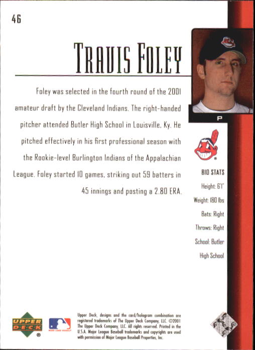 2001 Upper Deck Prospect Premieres #46 Travis Foley XRC back image