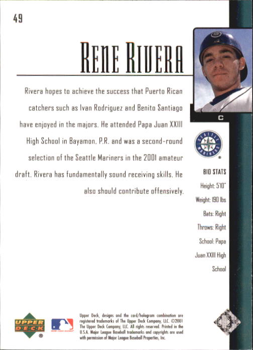 2001 Upper Deck Prospect Premieres #49 Rene Rivera XRC back image