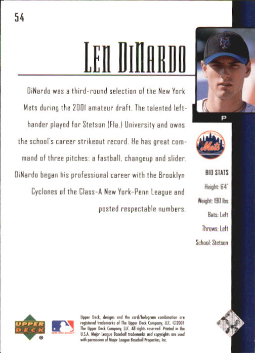 2001 Upper Deck Prospect Premieres #54 Len DiNardo XRC back image