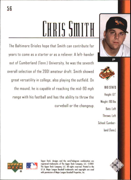 2001 Upper Deck Prospect Premieres #56 Chris Smith XRC back image