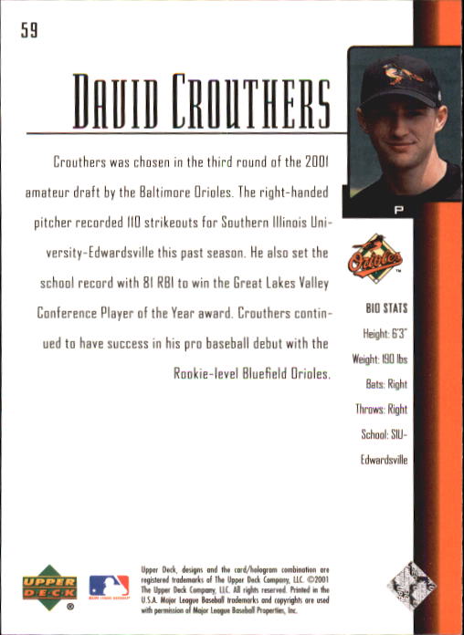 2001 Upper Deck Prospect Premieres #59 David Crouthers XRC back image