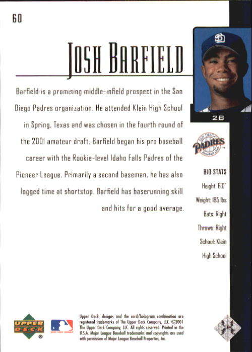 2001 Upper Deck Prospect Premieres #60 Josh Barfield XRC back image