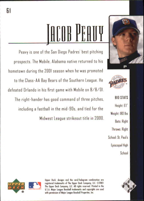 2001 Upper Deck Prospect Premieres #61 Jake Peavy XRC back image