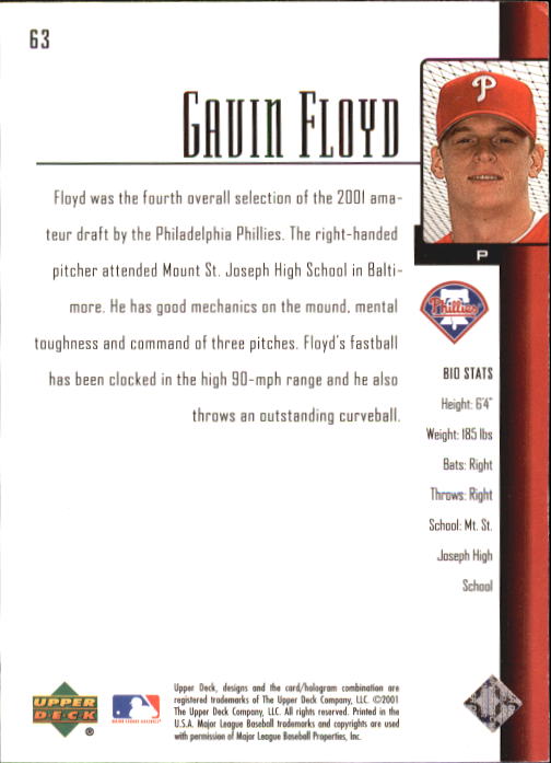 2001 Upper Deck Prospect Premieres #63 Gavin Floyd XRC back image
