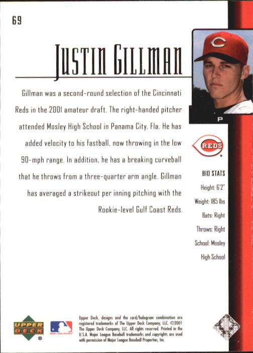 2001 Upper Deck Prospect Premieres #69 Justin Gillman XRC back image