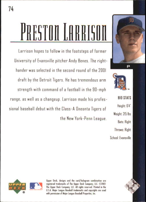2001 Upper Deck Prospect Premieres #74 Preston Larrison XRC back image