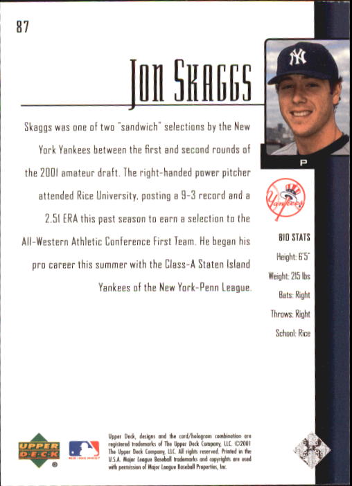 2001 Upper Deck Prospect Premieres #87 Jon Skaggs XRC back image