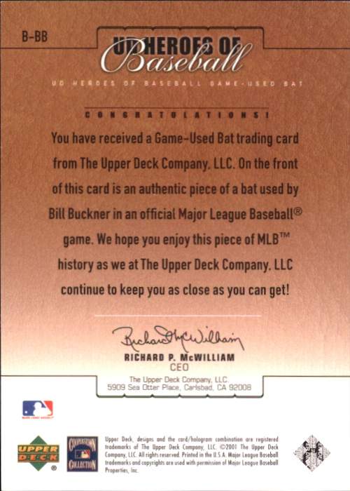 2001 Upper Deck Prospect Premieres Heroes of Baseball Game Bat #BBB Bill Buckner back image