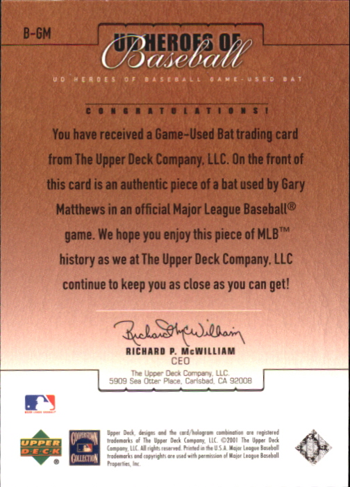 2001 Upper Deck Prospect Premieres Heroes of Baseball Game Bat #BGM Gary Matthews back image