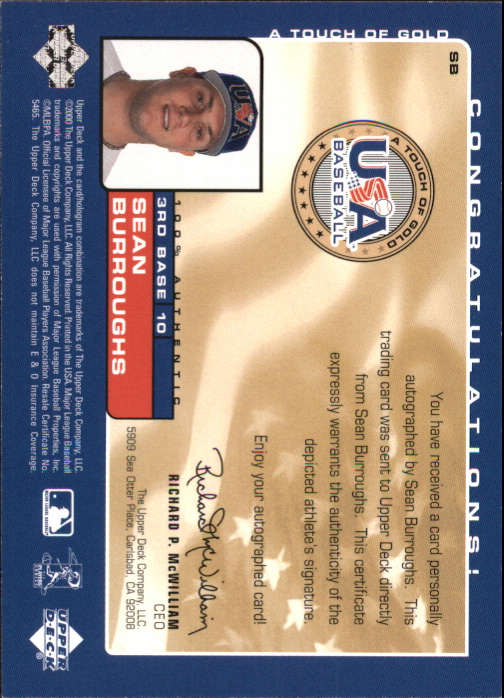 2001 Upper Deck Rookie Update USA Touch of Gold Autographs #SB Sean Burroughs back image