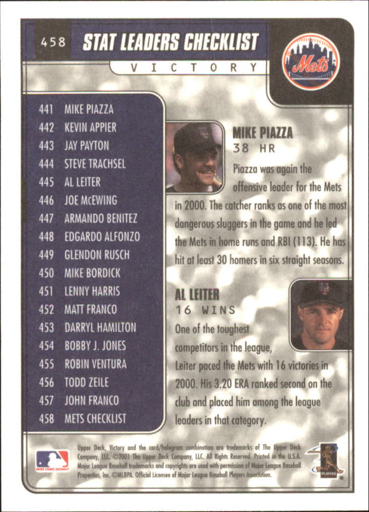2001 Upper Deck Victory #458 M.Piazza/A.Leiter CL back image