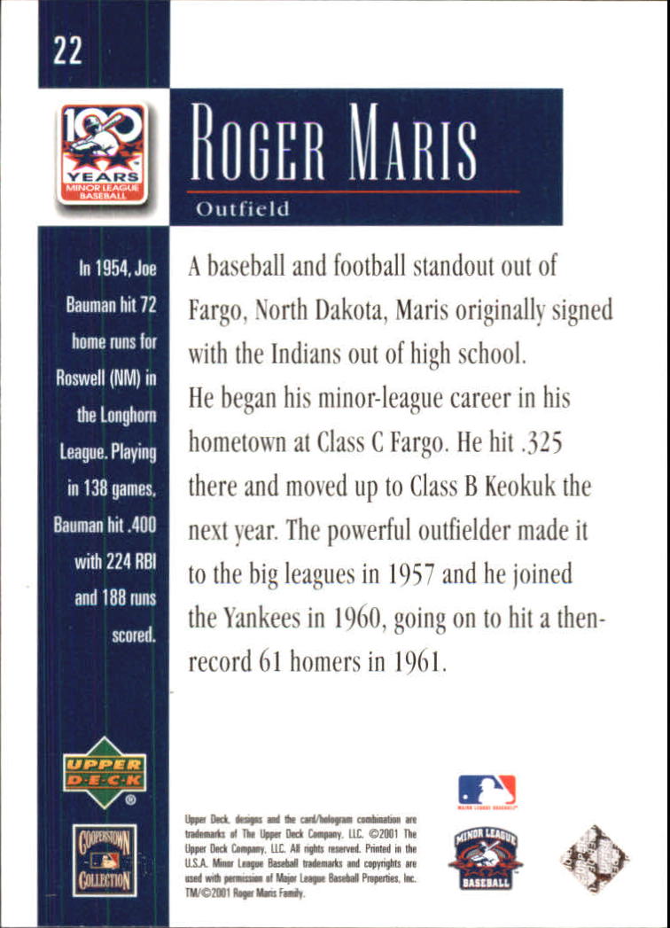 2001 Upper Deck Minors Centennial #22 Roger Maris back image