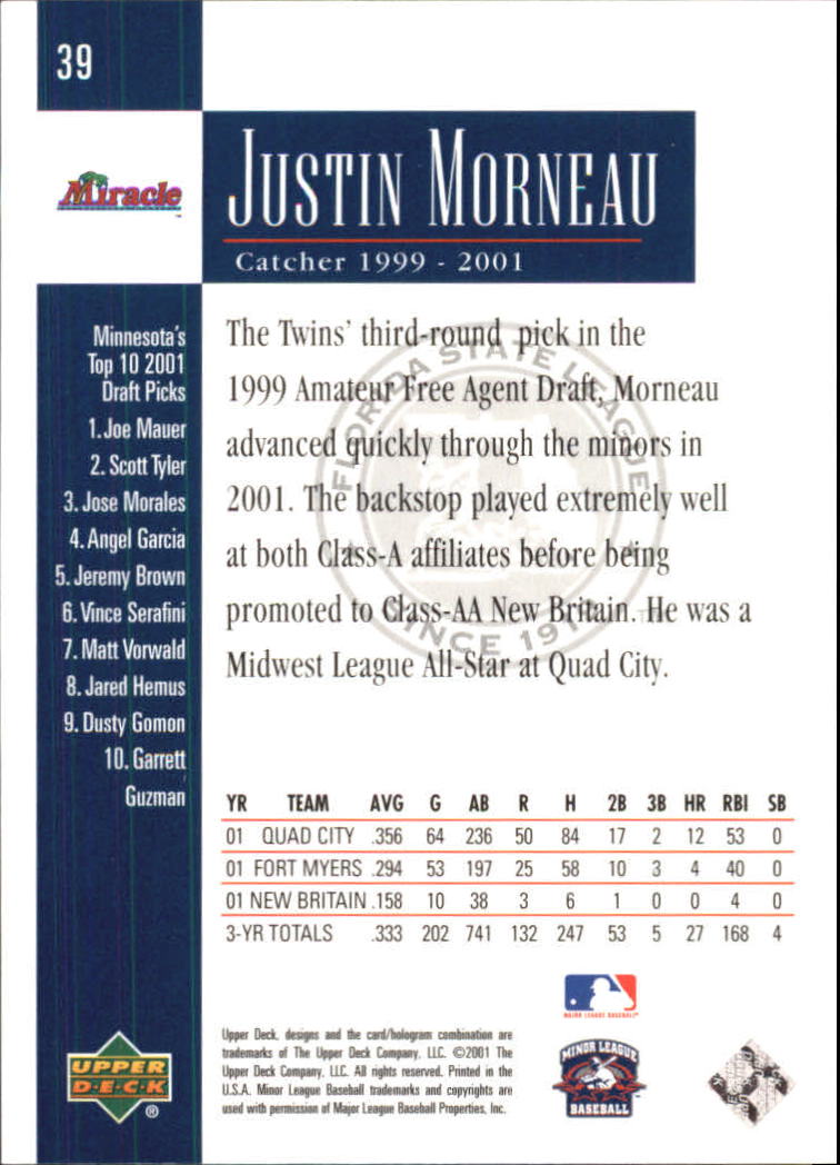 2001 Upper Deck Minors Centennial #39 Justin Morneau back image
