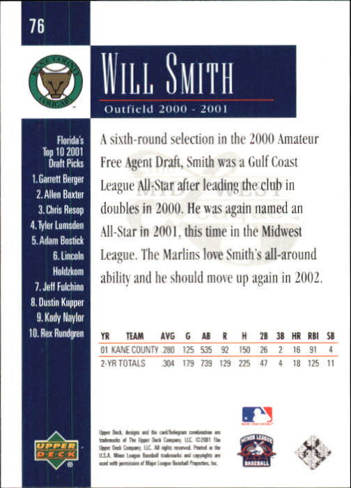 2001 Upper Deck Minors Centennial #76 Will Smith back image
