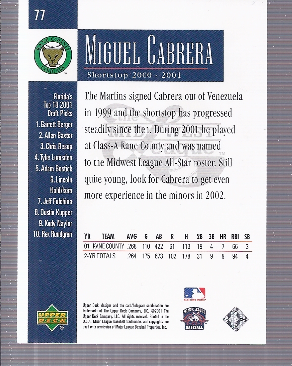 2001 Upper Deck Minors Centennial #77 Miguel Cabrera back image