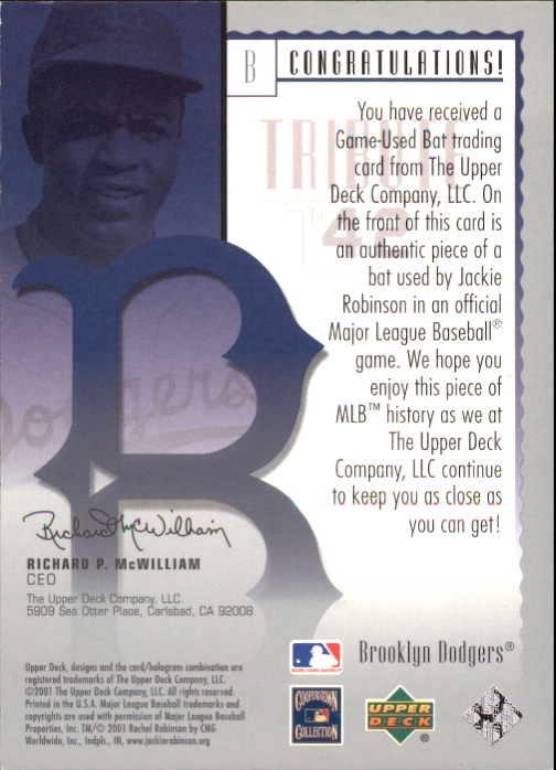 2001 Upper Deck Prospect Premieres Tribute to 42 #B J.Robinson Bat back image