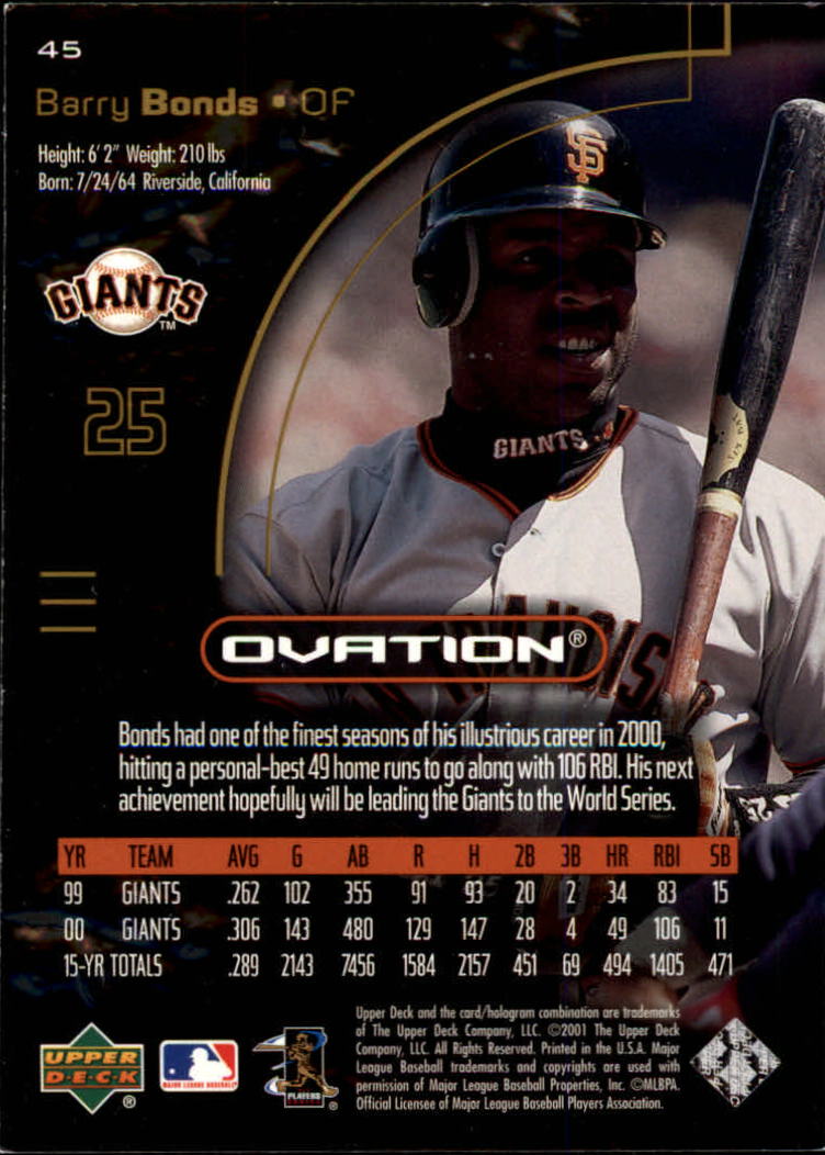 2001 Upper Deck Ovation #45 Barry Bonds - NM-MT