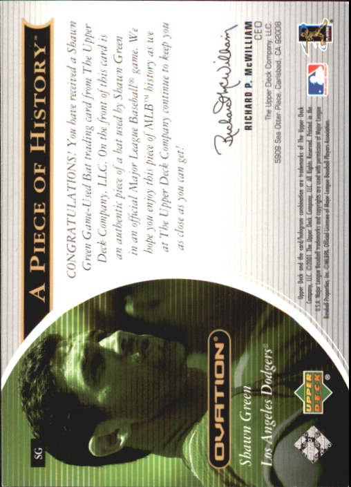 2001 Upper Deck Ovation A Piece of History #SG Shawn Green back image