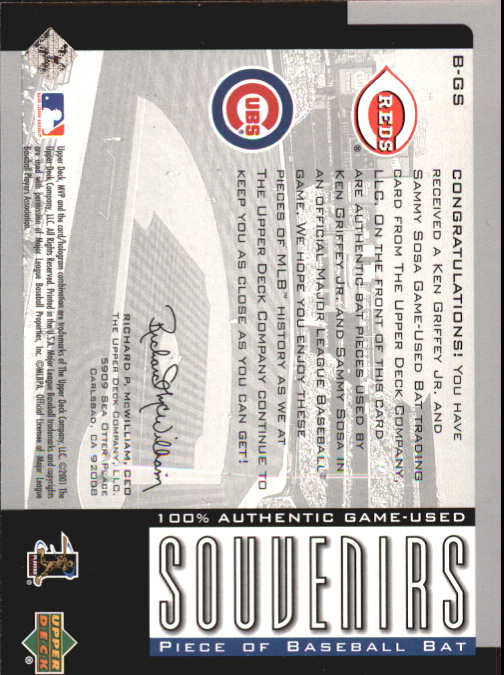 2001 Upper Deck MVP Game Souvenirs Bat Duos #BGS Ken Griffey Jr./Sammy Sosa back image