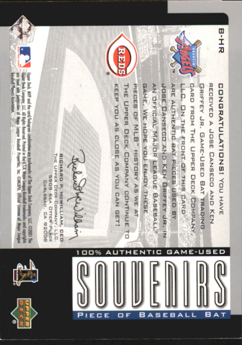2001 Upper Deck MVP Game Souvenirs Bat Duos #BHR Jose Canseco/Ken Griffey Jr. back image