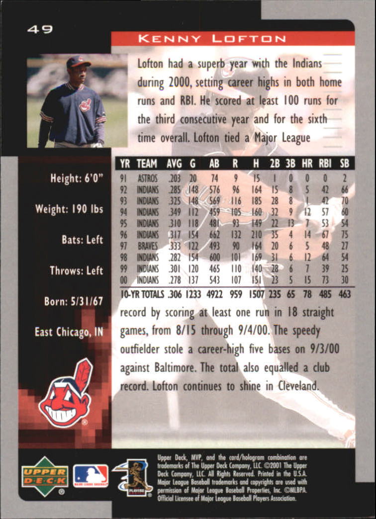 2001 Upper Deck MVP #49 Kenny Lofton back image