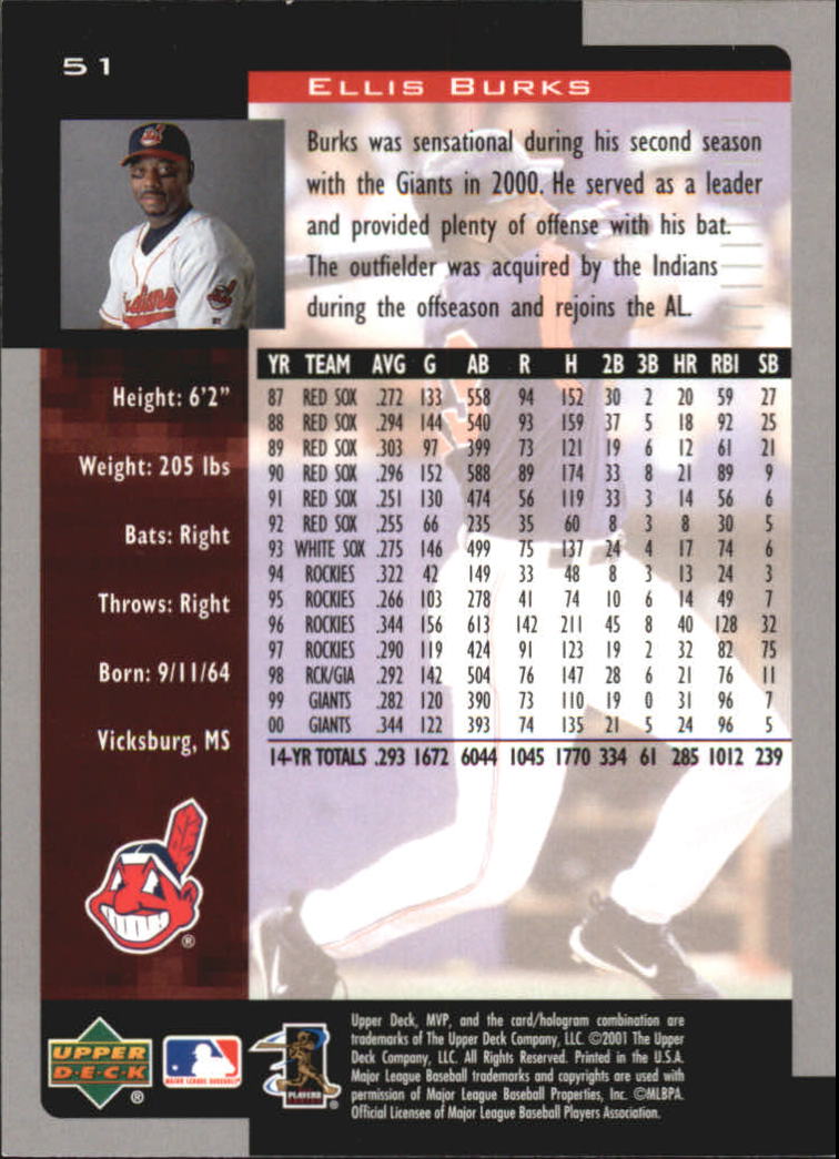 2001 Upper Deck MVP #51 Ellis Burks back image