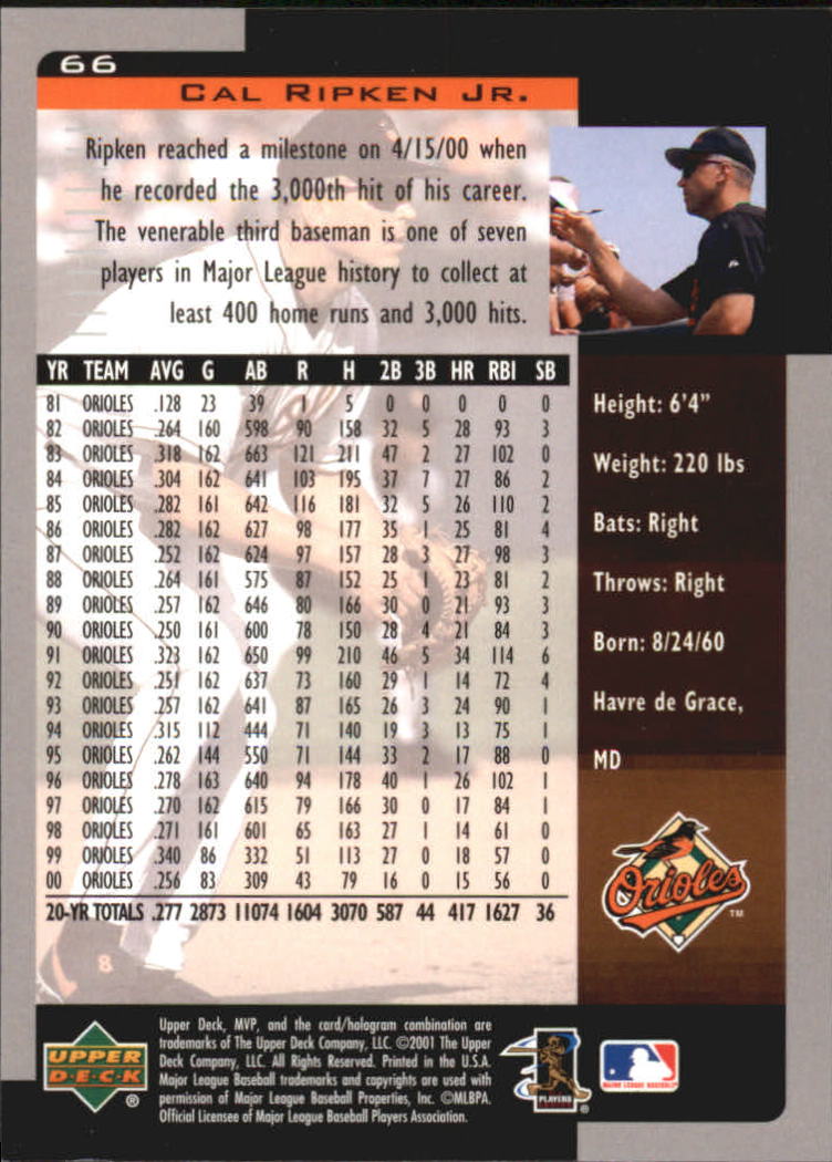 2001 Upper Deck MVP #66 Cal Ripken back image
