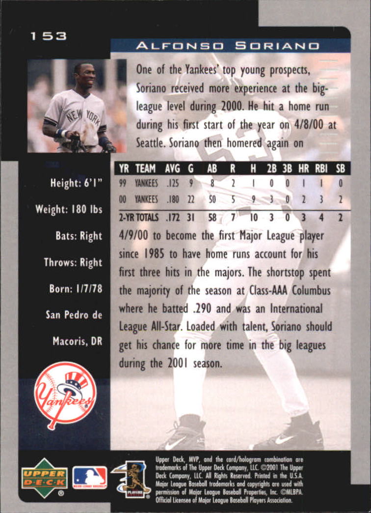 2001 Upper Deck MVP #153 Alfonso Soriano back image