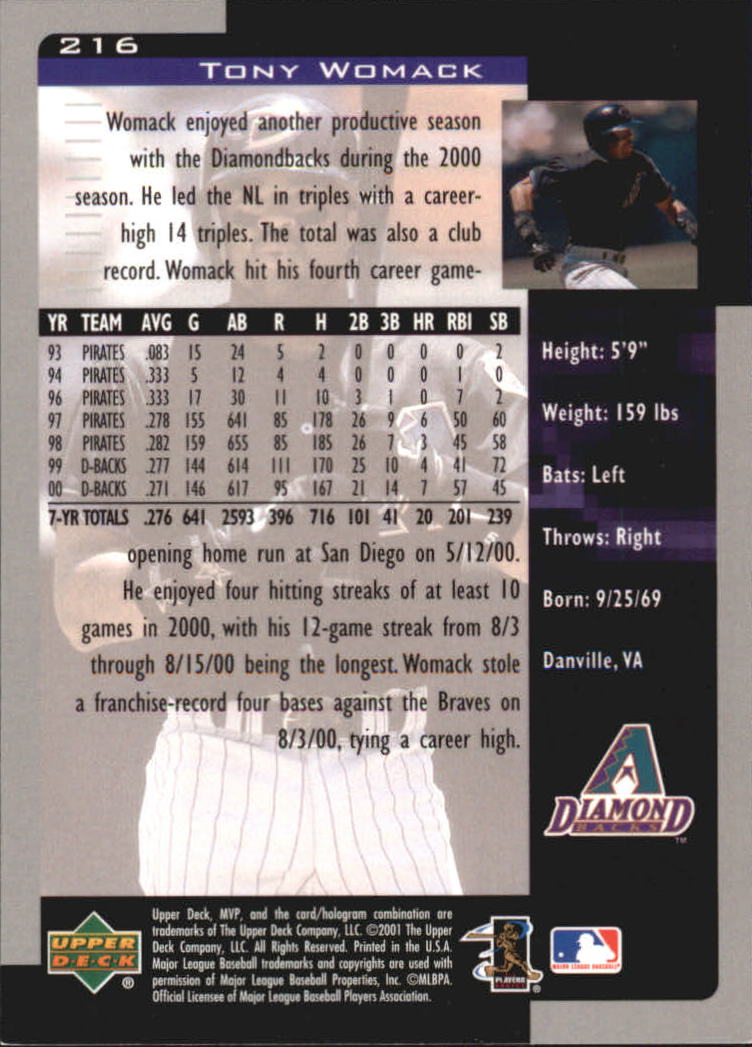 2001 Upper Deck MVP #216 Tony Womack back image