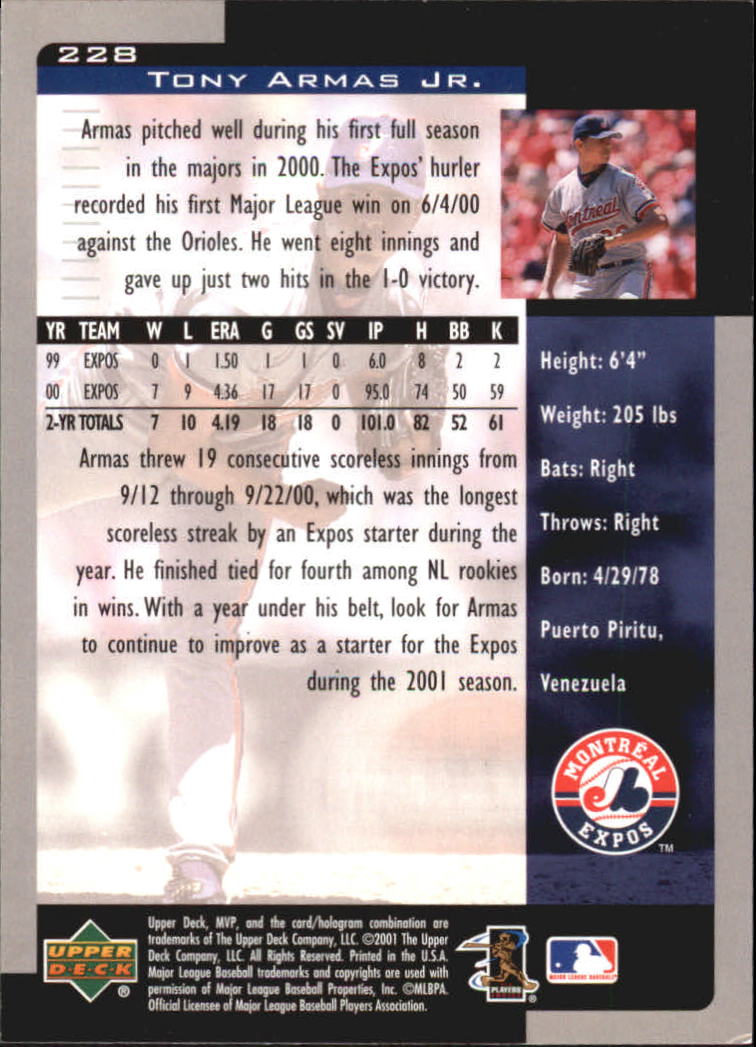 2001 Upper Deck MVP #228 Tony Armas Jr. back image