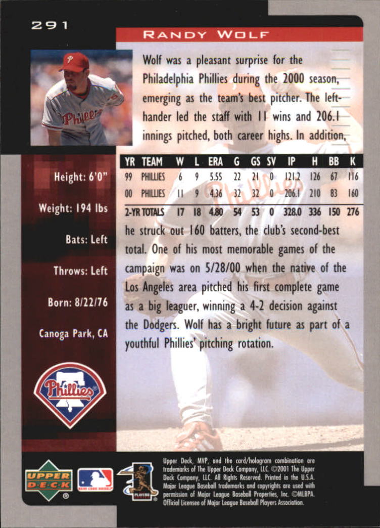 2001 Upper Deck MVP #291 Randy Wolf back image