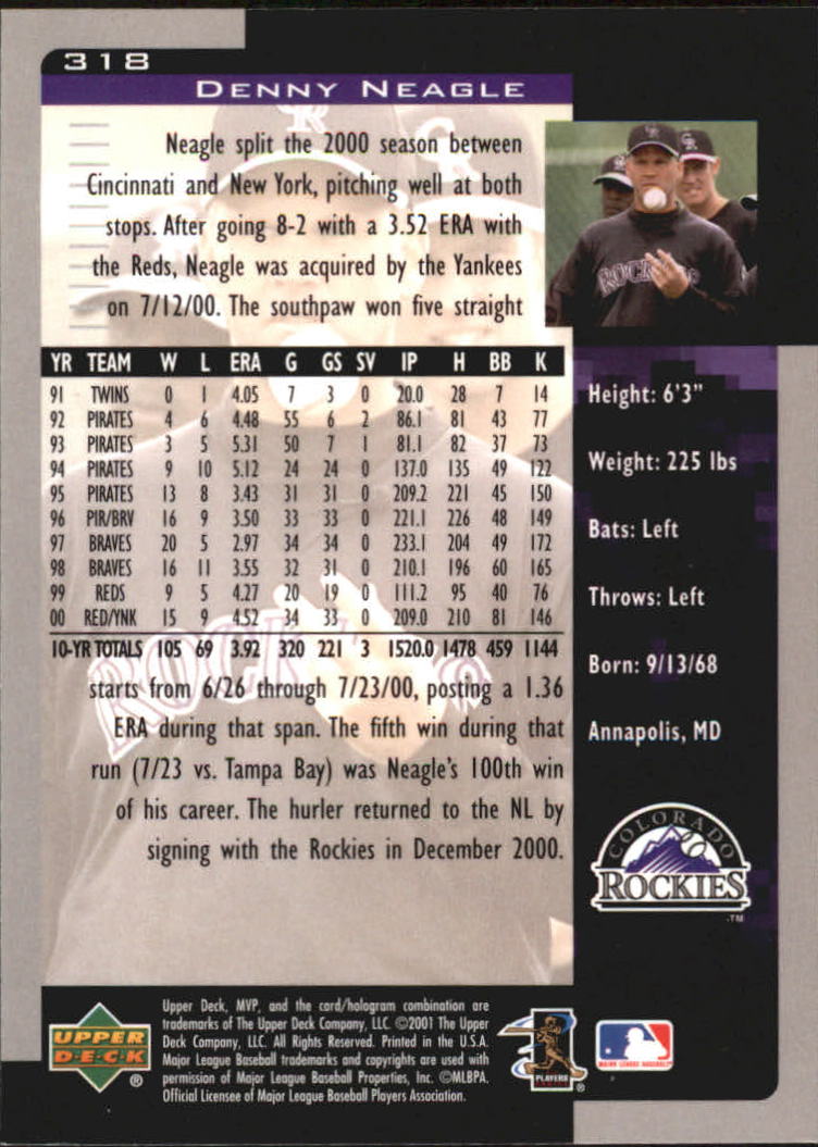 2001 Upper Deck MVP #318 Denny Neagle back image