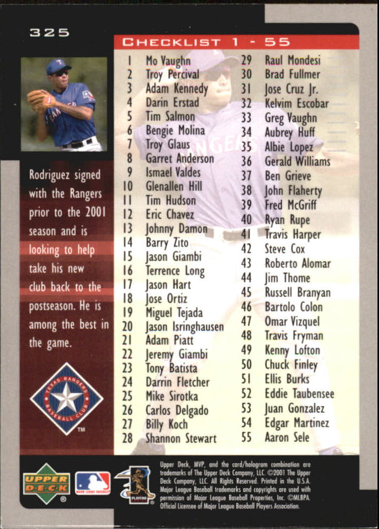 2001 Upper Deck MVP #325 Alex Rodriguez CL back image