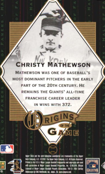 2001 Upper Deck Hall of Famers #58 Christy Mathewson OG back image